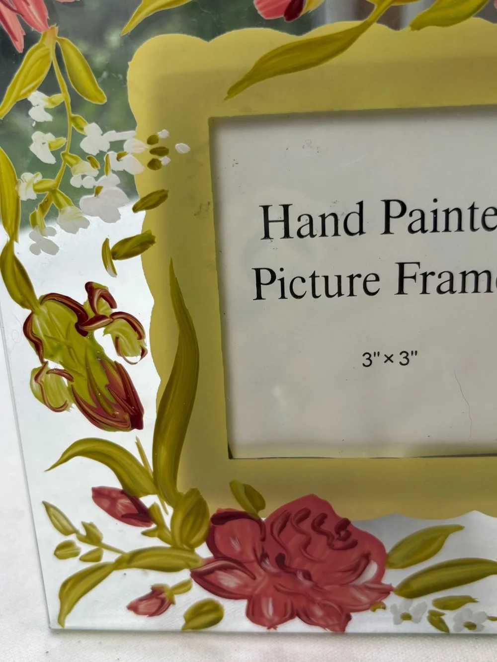 NEW Hand Painted Pink & Green Floral Picture Frame Clear Glass 7” x 7”